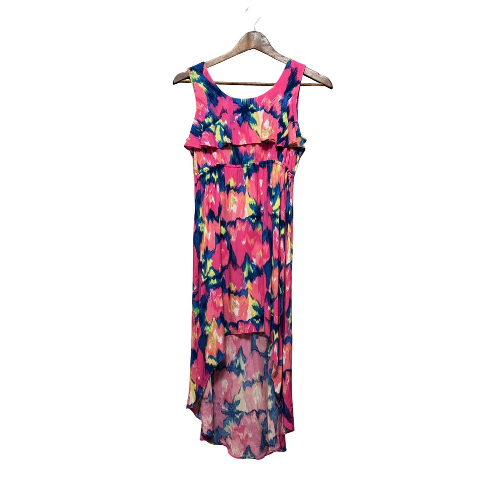 The Children's Place High Low Dress Girls XL 14 Pink Blue Ikat Excellent Ruffle